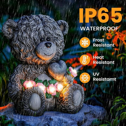 Solar Garden Outdoor Statues Bear with Heart and Pink Flower and 5 LED Lights-Lawn Decor Bear Statue for Patio, Balcony, Yard Ornament-Unique Housewarming Gifts for Mom, Women