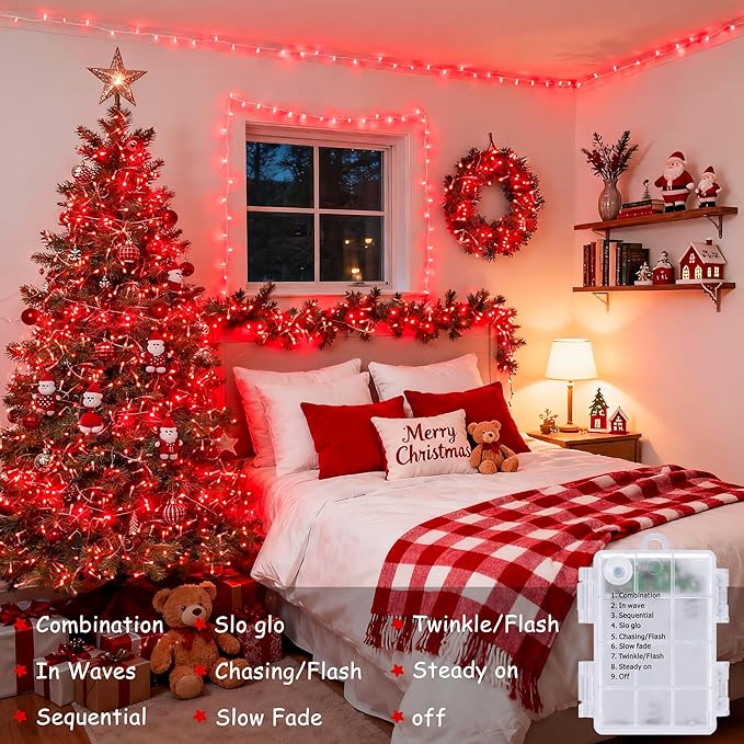 JMEXSUSS 33ft 100 LED Red Battery Operated Lights with Remote, Valentine Lights Battery Operated, Christmas String Light Indoor Outdoor for Valentine's Day Tree House Yard Xmas Decor