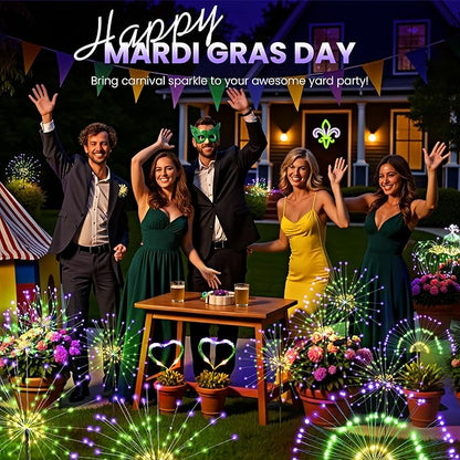 Mardi Gras Solar Lights Outdoor, 4 Pack Solar Garden Lights Outside Fairy Firework Decorative,Solar Powered for Mardi Gras,Yard Pathway Party Balcony Patio Decor (Purple, Green, Yellow)