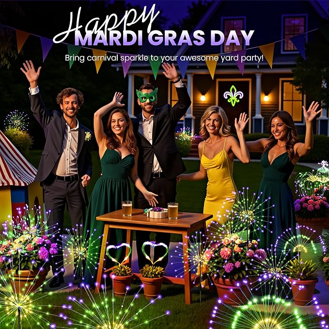 6 Pack Mardi Gras Solar Lights Outdoor, Solar Garden Lights Outside Fairy Firework Decorative,Solar Powered for Mardi Gras,Yard Pathway Party Balcony Patio Decor (Purple, Green, Yellow)