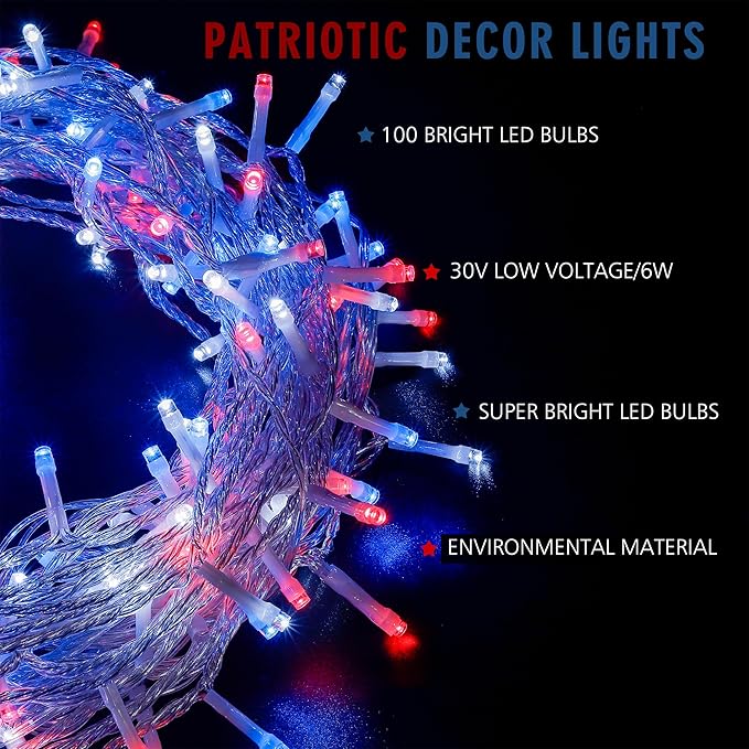 Hopolon Red White and Blue Lights Clear Wire, 33 FT 100 LED 4th of July Decorations String Lights Plug in, Waterproof Christmas Light for Independence Day Patriotic Memorial Day,100 LED,Red White Blue