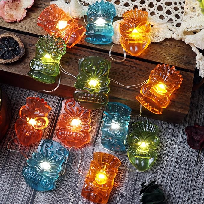 Indoor Tiki Bar and Dorm Room Decorations, 7FT 20PCS Colorful Tiki Mask LED String Lights, USB Powered with Battery Box, Tropical Party Fairy Lights for Bedroom Wall Shelf Summer Décor
