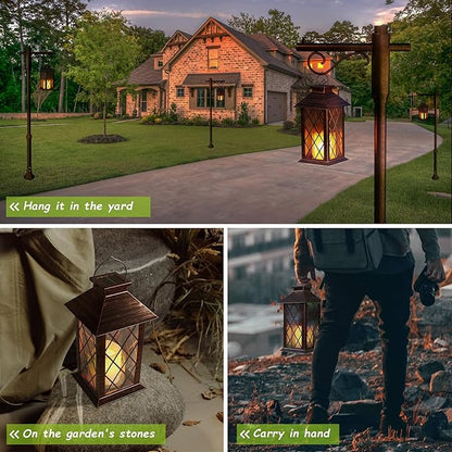 Outdoor Solar Lanterns, Waterproof Hanging Lantern with LED Flickering Flameless Candle, 13'' Bronze Outdoor Solar Powered Lantern Decor for Porch Patio Garden Balcony Pathway, 1 Pack