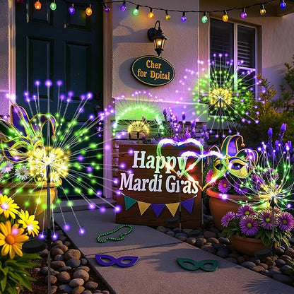 6 Pack Mardi Gras Solar Lights Outdoor, Solar Garden Lights Outside Fairy Firework Decorative,Solar Powered for Mardi Gras,Yard Pathway Party Balcony Patio Decor (Purple, Green, Yellow)