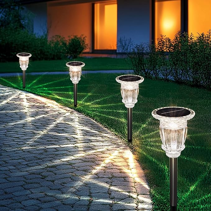 Solar Pathway Lights Outdoor 2 Pack, 3 Lighting Modes Glass and Stainless Steel White Solar Garden lights, 17.3" LED Waterproof & Solar Powered outdoor lights, Walkway Light, for Driveway Lawns Yard