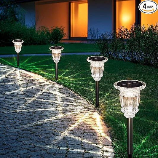 Solar Pathway Lights Outdoor 4 Pcs, Warm White Incandescent Solar Garden lights, 17.5" Waterproof & Solar Powered outdoor Lights, Glass and Stainless Steel Tungsten Walkway Light, Driveway Lawns
