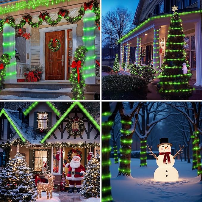 Jnaurb 2-Pack Battery Operated Rope Lights for Outside, Total 66FT 200LED 8 Modes Battery Operated String Lights, Waterproof Christmas Fairy Light with Remote for Outdoor Indoor Xmas Party Decor-Green