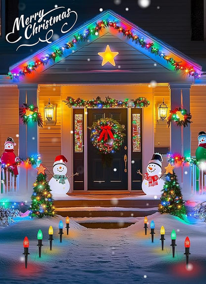 Brightown Solar C9 LED Christmas Lights - 50Ft, 40 Faceted Bulbs, Waterproof Multicolor Pathway Light for Outdoor House Decorations