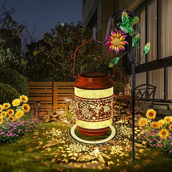 Hummingbird Solar Lanterns Outdoor Waterproof with Shepherd Hook, Garden Decor Solar Birthday Gifts for Women Mom Grandma, Hummingbird Metal Hanging Lantern for Yard, Patio, Lawn, Pathway