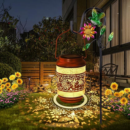 Hummingbird Solar Lanterns Outdoor Waterproof with Shepherd Hook, Garden Decor Solar Birthday Gifts for Women Mom Grandma, Hummingbird Metal Hanging Lantern for Yard, Patio, Lawn, Pathway