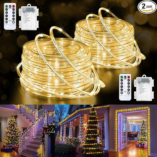 Jnaurb 2-Pack Battery Operated Rope Lights for Outside, Total 66FT 200LED 8 Modes Battery Operated String Lights, Waterproof Christmas Fairy Light with Remote for Outdoor Indoor Xmas Decor -Warm White