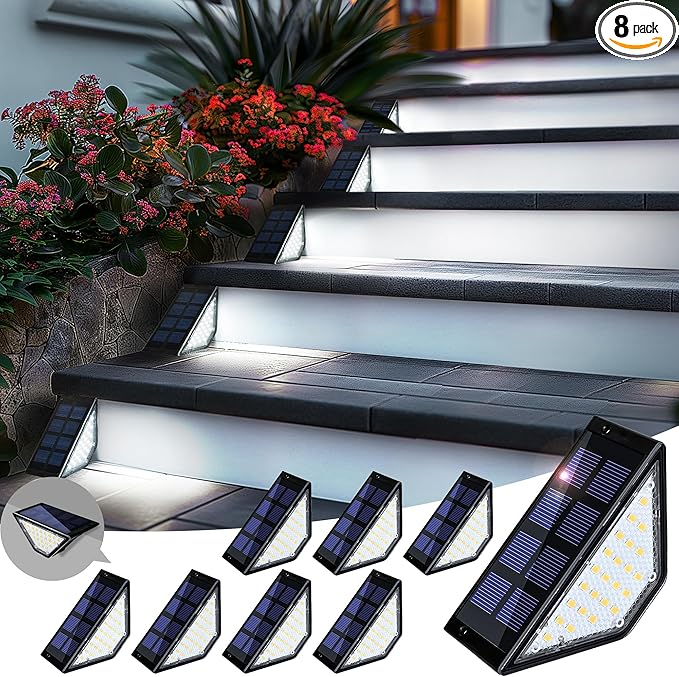 8 Pack Solar Step Lights for Outside, 24 LEDs Solar Stair Lights Waterproof IP65, Solar Deck Lights Outdoor Decor for Garden, Porch, Pathway, Patio, Fence(Cold White)