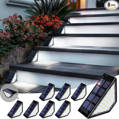 8 Pack Solar Step Lights for Outside, 24 LEDs Solar Stair Lights Waterproof IP65, Solar Deck Lights Outdoor Decor for Garden, Porch, Pathway, Patio, Fence(Cold White)