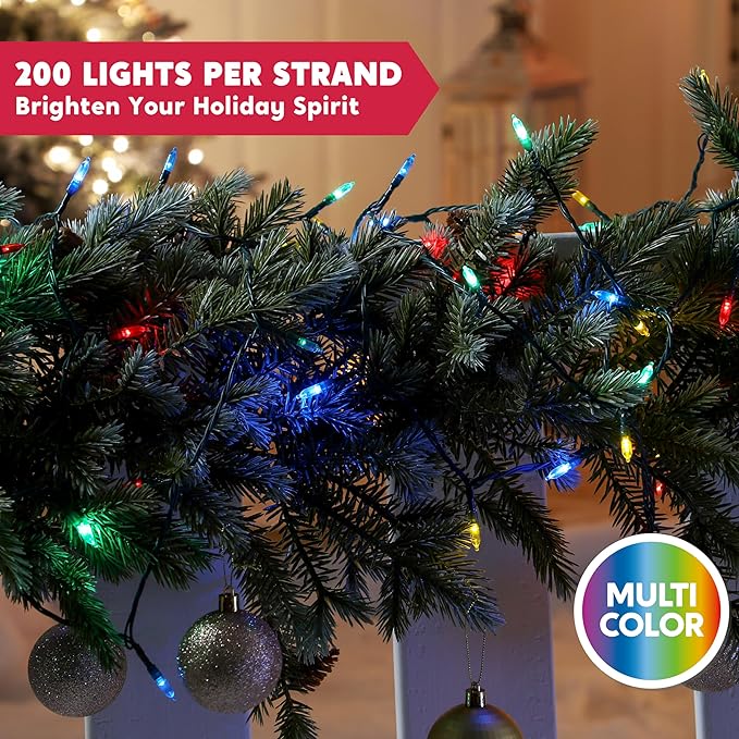 Joiedomi LED Christmas String Lights,200 Count 66.3FT Battery Operated Christmas Tree Fairy Lights with 8 Modes,Multifunction Green Wire for Xmas Decor Party Holiday House,Multicolor