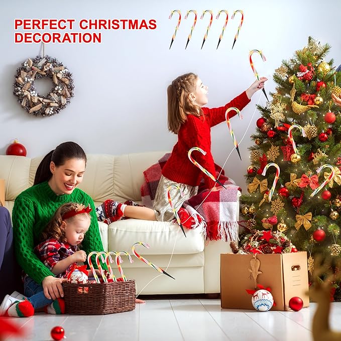 VCOKEN 10'' Christmas Candy Cane Lights Outdoor Pathway, Set of 10 Christmas Candy Cane Markers Waterproof, Light Up Xmas Decoration with Stakes for Holiday Party Yard Art Indoor Outdoor