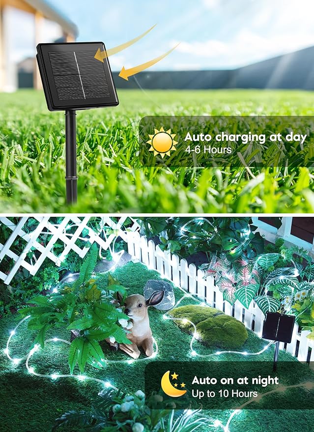 Brightown Solar Rope Lights, IP65 Waterproof 39FT 100LED Outdoor Solar String Lights Solar Powered Fairy Lights with 8 Lighting Modes for Party Garden Yard Home Holiday Tree Decoration, Pure White