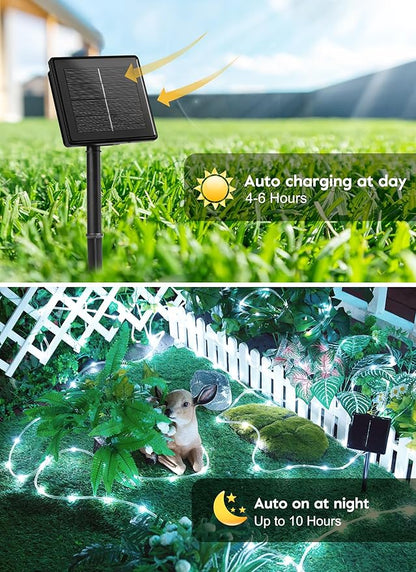 Brightown Solar Rope Lights, IP65 Waterproof 39FT 100LED Outdoor Solar String Lights Solar Powered Fairy Lights with 8 Lighting Modes for Party Garden Yard Home Holiday Tree Decoration, Pure White