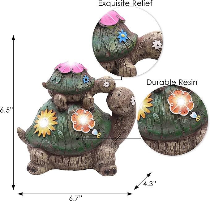 TERESA'S COLLECTIONS Garden Decor, Turtles Garden Decor, Family Tortoises with Solar Light, Waterproof Resin Garden Statue, Turtles Gifts Birthday Gifts for Women Mom, 7"