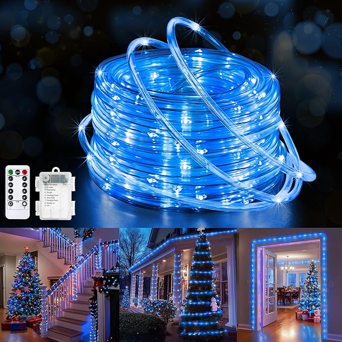 Jnaurb Battery Operated Rope Lights for Outside, 33FT 100LED 8 Modes Battery Operated String Lights, Waterproof Christmas Fairy Light with Remote for Outdoor Indoor Patio Xmas Party Decorations - Blue