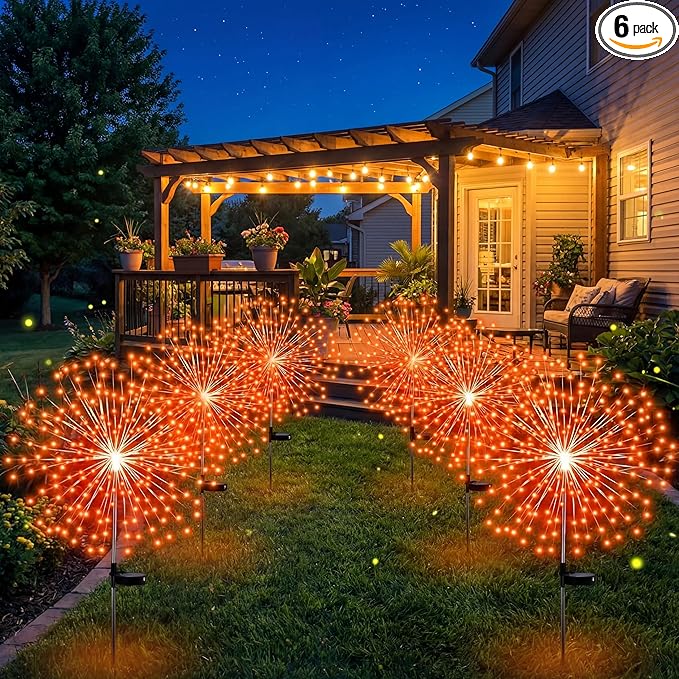 6 Pcs Easter Solar Firework Stake Lights 180 LED 8 Modes Solar Waterproof LED Sparkler Lights Outdoor Decoration for Easter Day Xmas Holiday Garden Patio Yard Pathway Walkway, Orange