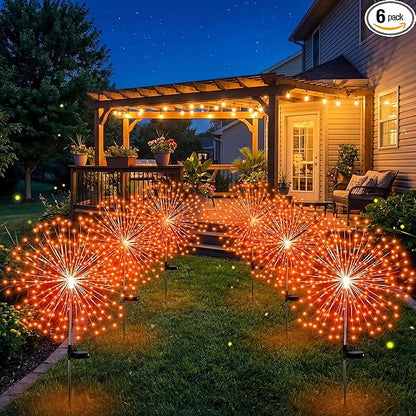 6 Pcs Easter Solar Firework Stake Lights 180 LED 8 Modes Solar Waterproof LED Sparkler Lights Outdoor Decoration for Easter Day Xmas Holiday Garden Patio Yard Pathway Walkway, Orange