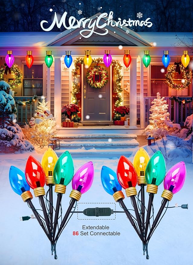 Moonflor Super Jumbo C9 Christmas Pathway Lights Outdoor - 2 Pack Total 22FT 10 LED C9 Walkway Light, Multicolor Christma Decoration Outside, Giant Christmas Lights Outdoor for Lawn Holiday Yard