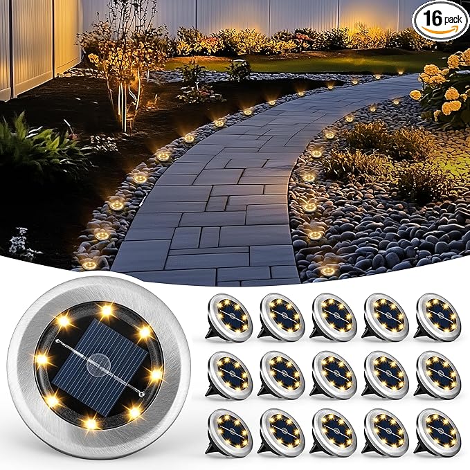 16-Pack Warm White Flat Solar Driveway Lights, Waterproof LED