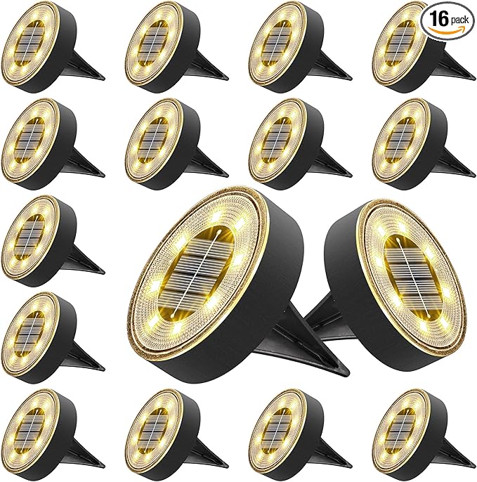 16-Pack Warm White Flat Solar Driveway Lights, Waterproof LED