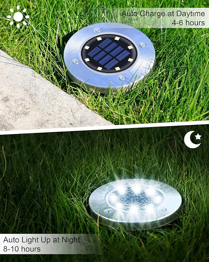Solar Flat Disk Lights 8-Pack, Waterproof Landscape