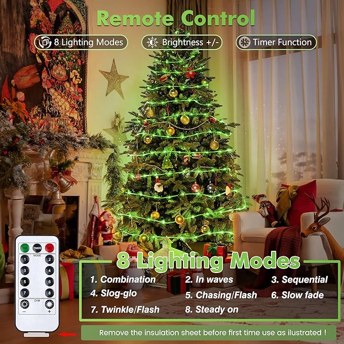 Jnaurb 2-Pack Battery Operated Rope Lights for Outside, Total 66FT 200LED 8 Modes Battery Operated String Lights, Waterproof Christmas Fairy Light with Remote for Outdoor Indoor Xmas Party Decor-Green