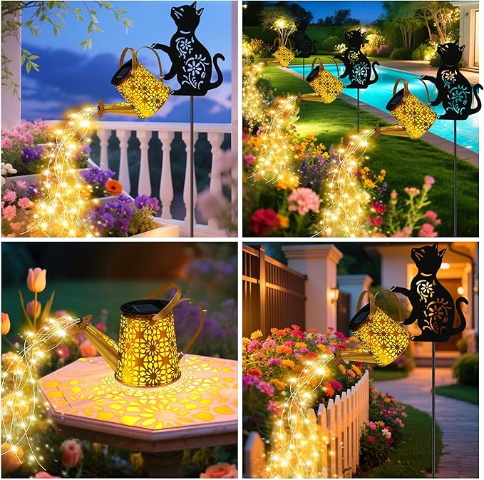 Solar Watering Can Lights, Cat Hanging Lantern Solar Lights Outdoor, Cat Lover Gifts for Mom Women Birthday Mother's Day Christmas, Waterproof Garden Decor Outside Patio Yard Pathway Backyard