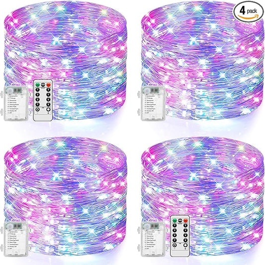 4 Pack 33FT 100 LED Fairy Lights Battery Operated with Timer & Remote, Waterproof Twinkle Lights Indoor Outdoor, 8 Modes Fairy String Lights for Bedroom Classroom DIY Wedding Decorations, Multicolor