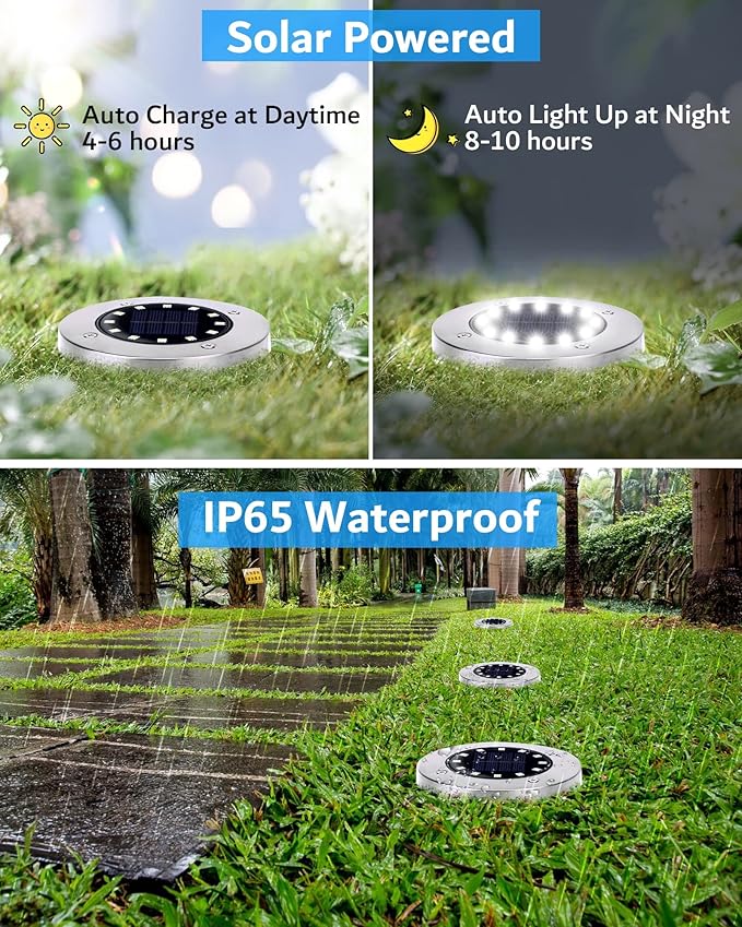 12-Pack Solar Ground Disk Lights, White Waterproof LED
