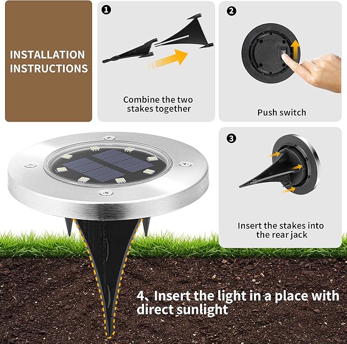 Solar Flat Disk Lights 8-Pack, Waterproof Walkway