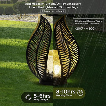 Solar Garden Lights Waterproof Decorations,Crackle Globe Glass,Metal Palm Leaf Solar Lights for Outdoor Decor On Garden,Patio,Yard,Front Porch,Tabletop Lamp-Perfect Gifts