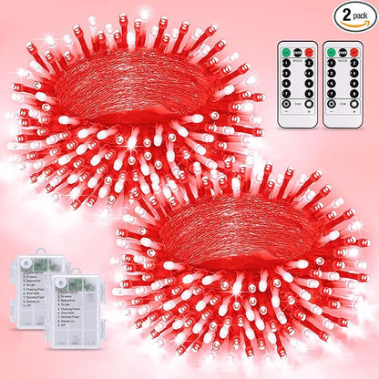 JMEXSUSS 2 Pack Red and White Battery Christmas Lights, Each 33ft 100 LED Battery Powered String Lights with Remote for Tree Patio Yard House Party Birthday Outside