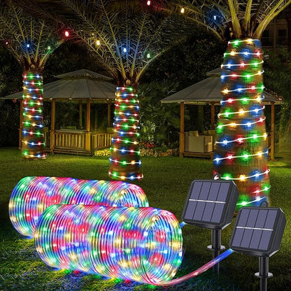Solar Rope Lights, 2 Packs Total 66ft 200LED Solar String Lights, 8 Modes Waterproof Solar Powered Outdoor Light, Flexible Clear Tube Light for Garden Backyard Patio Deck Pool Tree Decor - Multicolor