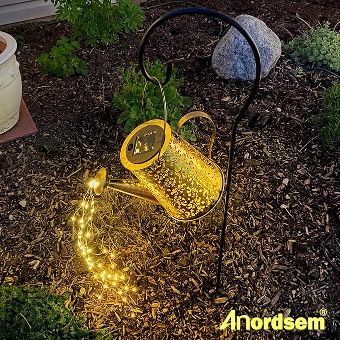 Anordsem Solar Garden Lights Decorative - Metal Watering Can with Cascading and Hook - Waterproof Hanging Lantern Outdoor Yard Lawn Decor - Birthday Gardening Gifts for Mom Grandma