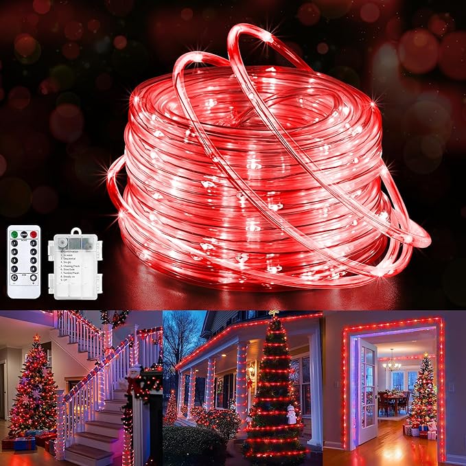 Jnaurb Battery Operated Rope Lights for Outside, 33FT 100LED 8 Modes Battery Operated String Lights, Waterproof Christmas Fairy Light with Remote for Outdoor Indoor Patio Xmas Party Decorations - Red