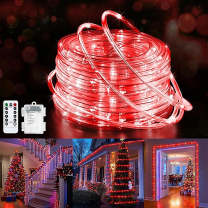 Jnaurb Battery Operated Rope Lights for Outside, 33FT 100LED 8 Modes Battery Operated String Lights, Waterproof Christmas Fairy Light with Remote for Outdoor Indoor Patio Xmas Party Decorations - Red