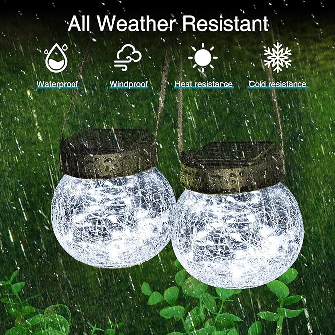 Kolpop Solar Lanterns Outdoor Waterproof 2 Pack, Hanging Solar Lights with 30 LED, Cracked Glass Hanging Globes for Garden Patio Fence Yard Christmas Tree Decoration, Cold White