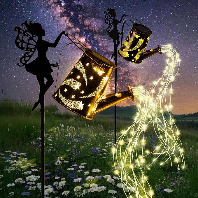 Solar Lights Outdoor,2 Pcs Solar Watering Can Light,Waterproof Metal Hanging Lantern,Fairy Gardening Gifts,Fairy Garden Decor for Outside,Perfect for Garden,Patio,Yard,Pathway
