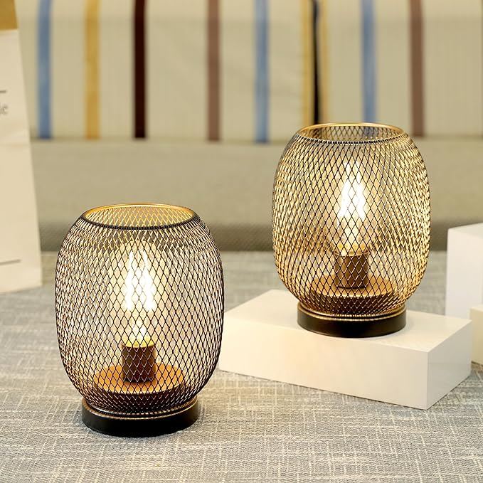 JHY DESIGN Set of 2 Metal Cage LED Lantern Battery Powered,Cordless Accent Light with LED.Great for Weddings,Parties,Patio,Events for Indoors Outdoors（Round Shape