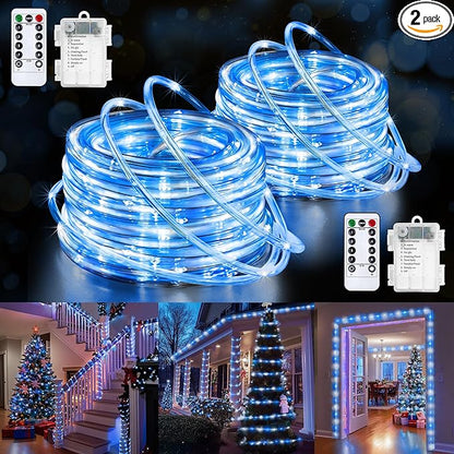 Jnaurb 2-Pack Battery Operated Rope Lights for Outside, Total 66FT 200LED 8 Modes Battery Operated String Lights, Waterproof Christmas Fairy Light with Remote for Outdoor Indoor Xmas Decor -White Blue