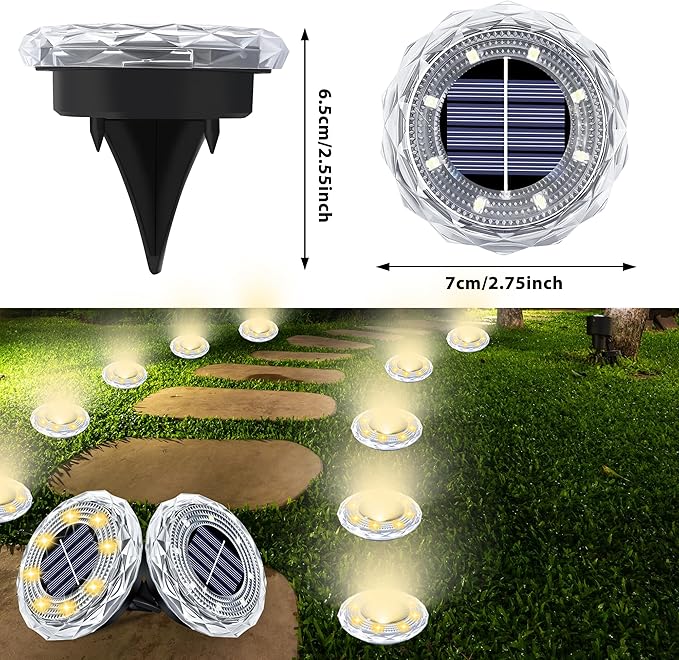 Solar Ground Lights 8 Pack Waterproof Outdoor Solar Lights for Yard Led Solar Garden Lights Bright Solar Powered Disc Light In-Ground Landscape Lighting for Patio Pathway Walkway Driveway, Warm White