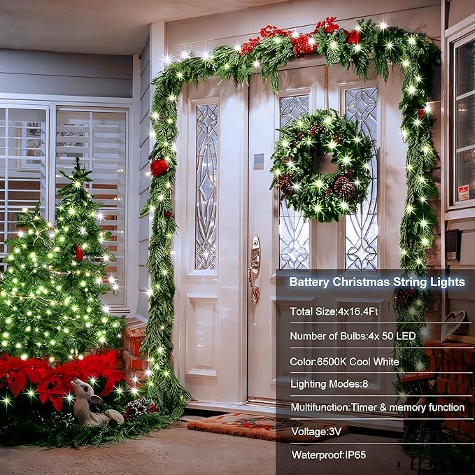 4 Pack Battery Operated Christmas Tree Lights,16.5 Ft String Lights with Auto Timer 8 Modes, 50 LED Wreath String Lights for Indoor Outdoor Xmas Tree Party Decor (Cool White)