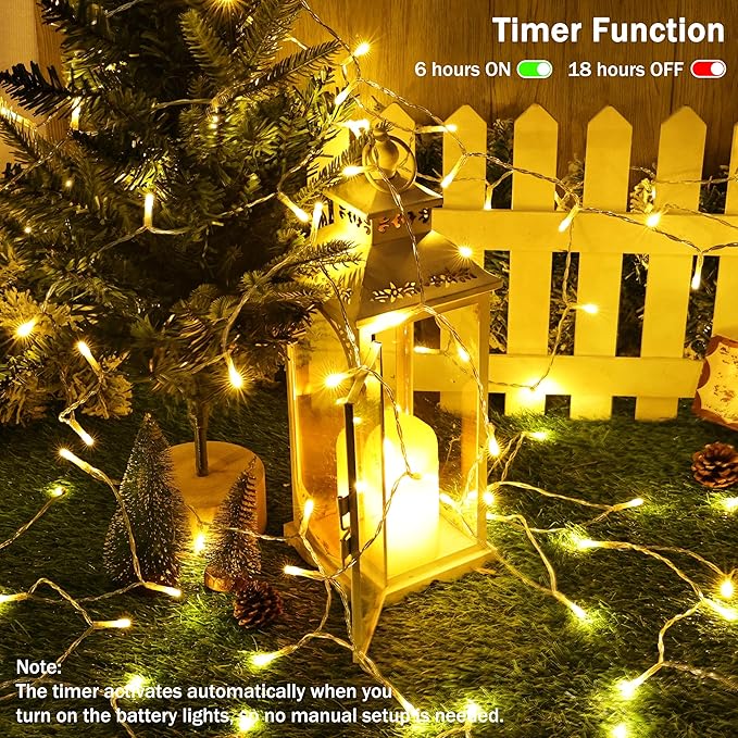 Lomotech Battery Operated Christmas Lights - 2 Pack Total 33ft 100LEDs String Lights 8 Modes Waterproof with Timer for Home, Garden, Party, Holiday, Tree Decoration (Clear Wire, Warm White)
