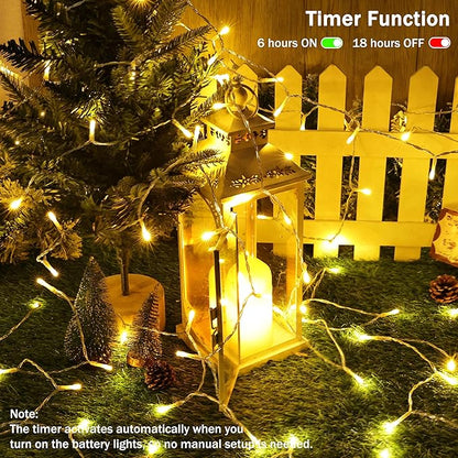 Lomotech Battery Operated Christmas Lights - 2 Pack Total 33ft 100LEDs String Lights 8 Modes Waterproof with Timer for Home, Garden, Party, Holiday, Tree Decoration (Clear Wire, Warm White)