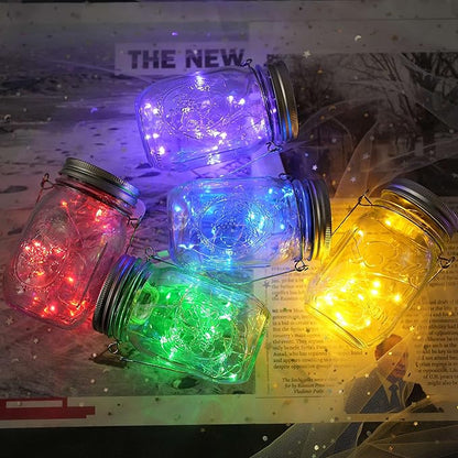 Solar Mason Jar Lid Lights, 10 Pack 30 LED Waterproof Firefly Fairy Lights with Hangers(No Jars), Outdoor Starry String Lights for Patio Yard Garden Wedding Lantern Decor (Mixed Color)