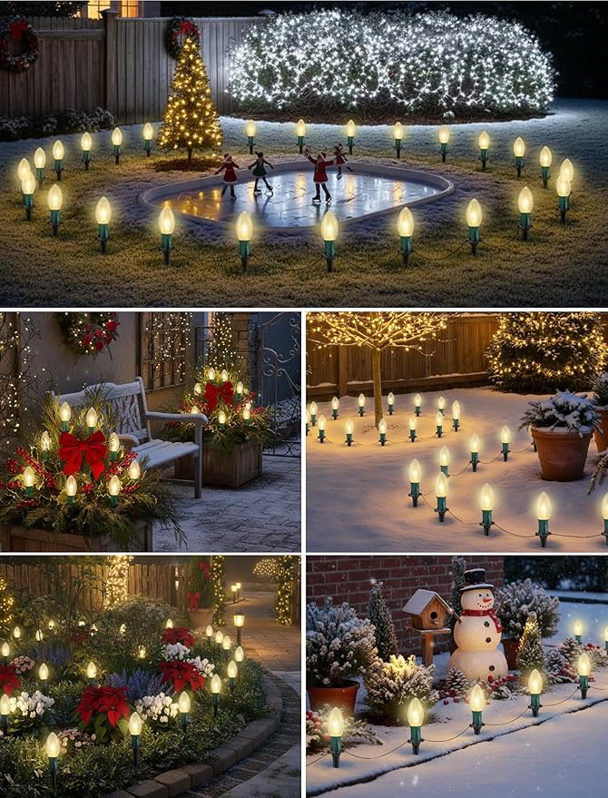 Christmas Pathway Lights Outdoor,38FT 25 Pcs Warm White Extendable Waterproof Walkway Lights with C9 Clear Bulbs and Stakes for Outdoor Yard Porch Driveway Backyard Christmas Decorations